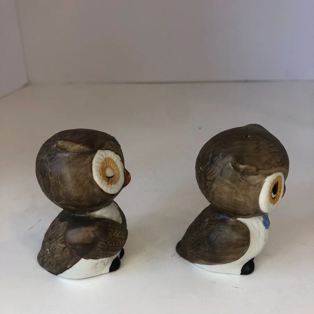 OWLS Salt & Pepper Shaker‎ S&P Cute Brown Couple Kitsch Ceramic VINTAGE